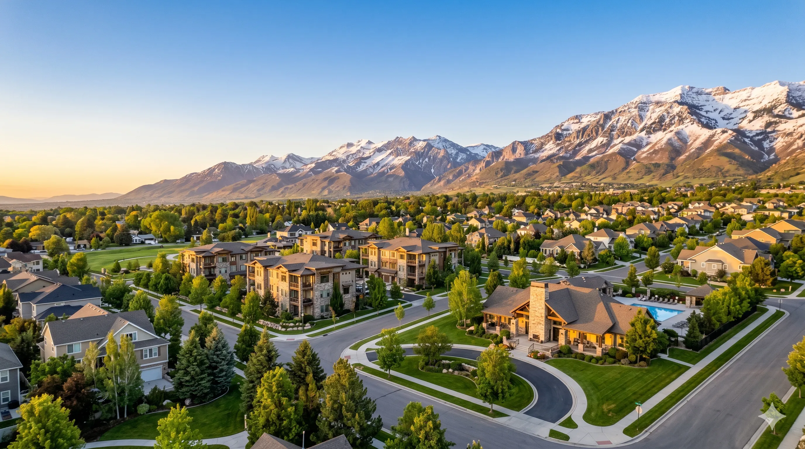 Aerial view of a Utah residential community with condos, homes, and a clubhouse below the snow-capped Wasatch mountains